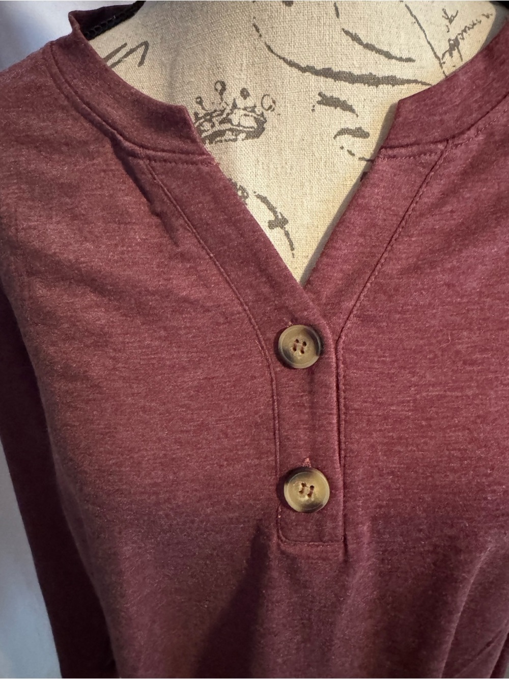 Women's Long-Sleeve Henley Top in Burgundy - Picture 2 of 5